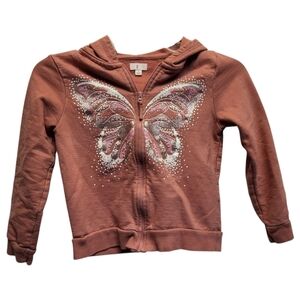 Kids Pink Butterfly Hoodie with Ribbed Cuffs - Size 7